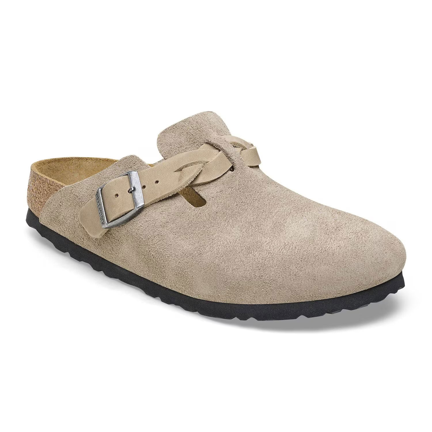 Дамски чехли Birkenstock Boston Braided LEOI/LEVE Taupe бежови от велур и естествена кожа - снимка 1