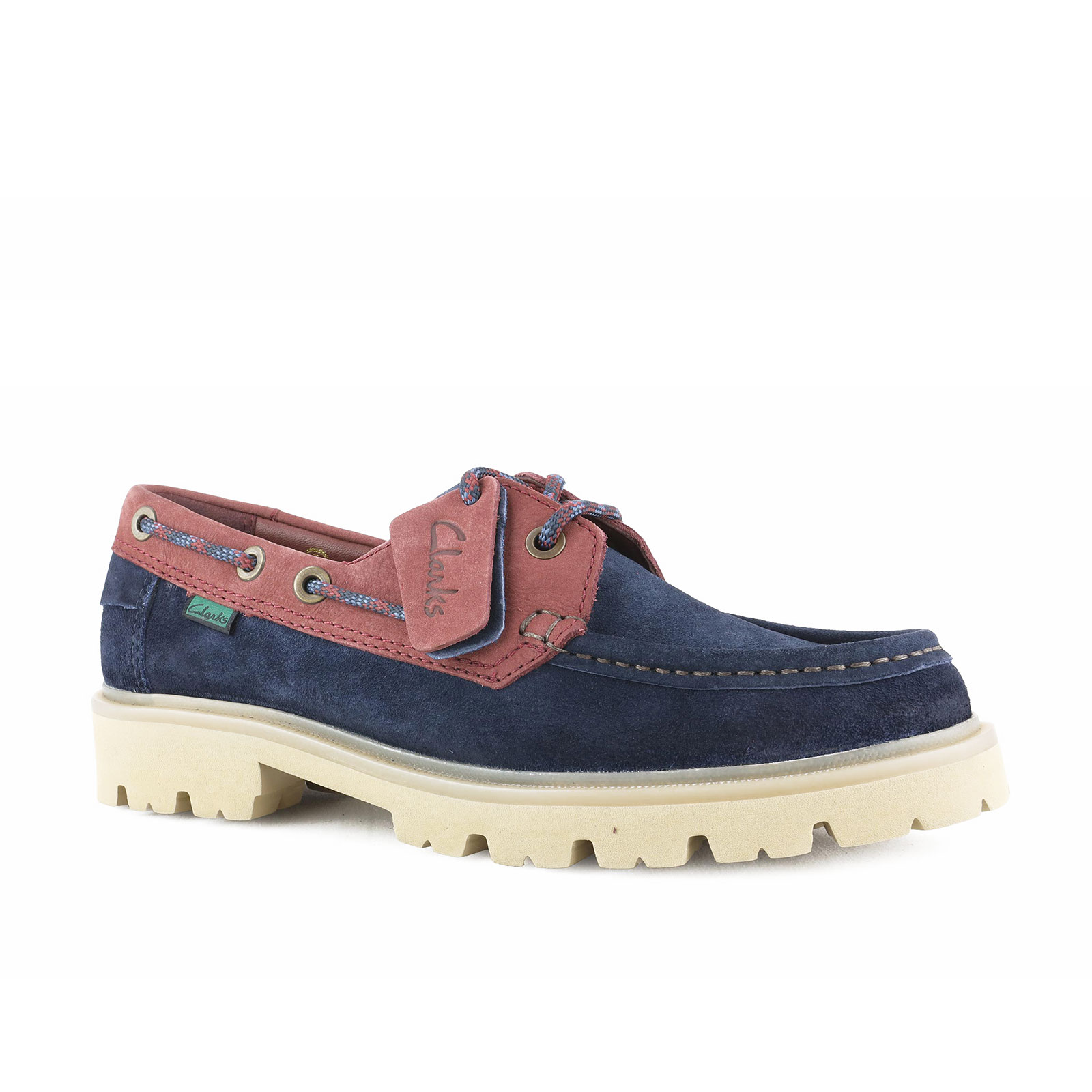 мъжки обувки clarks cleyhill boat в тъмно синьо и червено от велур - снимка 1